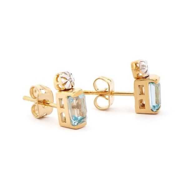 Art Deco Retro Inspired Plated 18KT Yellow Gold Blue Topaz & Diamond Earrings - Picture 2 of 3